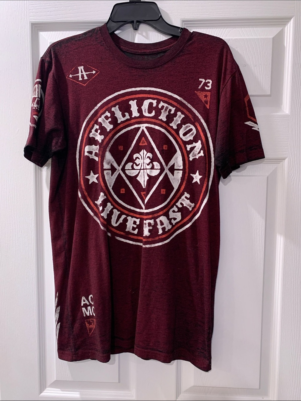 Affliction Men’s Live Fast Graphic Tee — Burgundy & White Accents